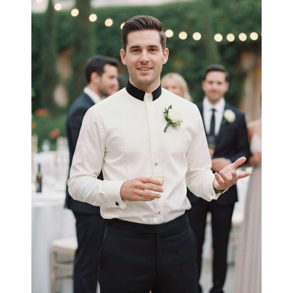 Vtg Gianni Versace Cream Leopard Tuxedo Shirt Jewel Buttons Italy 52 Blk Collar